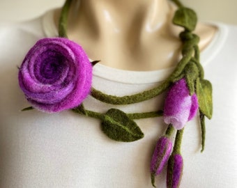 Purple Rose jewelry- Flower Outfit Necklace- felted Neck Accessory- Birthday Floral -Woolen Boho Neck Gift -wet felted rose necklace