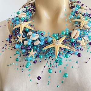 Mermaid necklace pearl- Siren Costume- Beach Wedding accessory- Blue Green Purple - sea star -sea shell neck jewelry-Mardi gras available