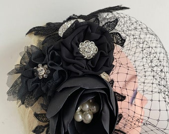 Ashro, Black, Floral, Fascinator, Birdcage Veil, Made In The USA, Polyester Black Fascinator With Birdcage Veil - Black Birdcage Veil  main image 3
