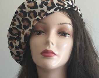 classic french beret- summer beanie- leopard beret hat-  scottish hat- womens summer cotton beret- tam french-  animal print ladies berets
