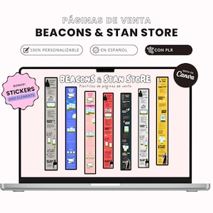 Puede incluir: Una pantalla de portátil muestra un diseño para una página de ventas "BEACONS & STAN STORE". El diseño incluye diseños verticales coloridos, texto en español y el logotipo de Canva. El texto adicional incluye "100% PERSONALIZABLE" y "CON PLR".