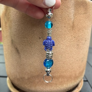 Beaded Turtle Keychain - Handmade Keychain with Blue Glass Beads and Silver Accents