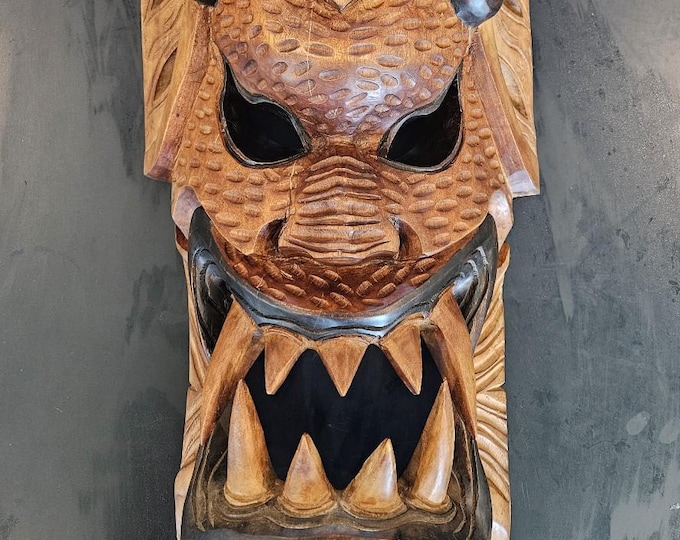 Hand-Carved Cumaru Brazilian Demon Mask – Large Tribal Wooden Wall Art – Vintage 1988 – Rustic Decor