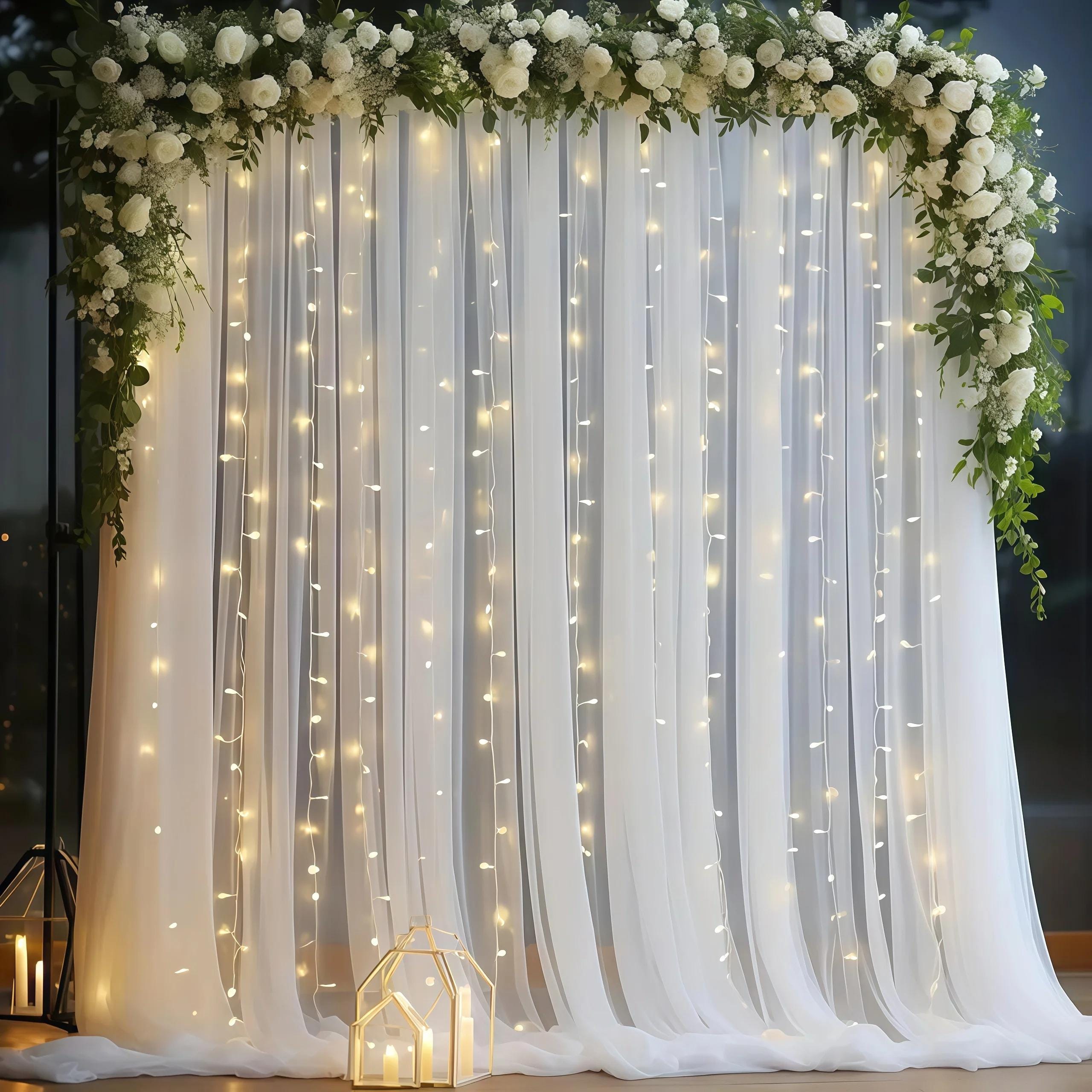 White Tulle Backdrop With String Lights 10FTX10FT, Photo Backdrop For Wedding Ceremony,  Arch Draping Fabric, Wedding Reception, Bed Canopy