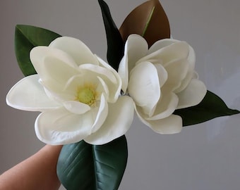 Real Touch White Magnolia Branch Artificial Flowers For Floral Arrangement Home Decor Table Centerpiece Silk Bridal Wedding Bouquet Set Of 3