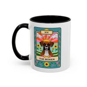 Caneca de café com estampa de cachorro boxer com carta de tarô: vibrações matinais coloridas, presente para amantes de café, presentes para mães, presentes de aniversário