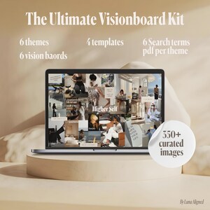Op de afbeelding: Een laptop met een visionboard-kit met de tekst "The Ultimate Visionboard Kit". De kit bevat 6 thema's, 4 sjablonen en 6 zoektermen per thema. Een sticker leest "350+ samengestelde afbeeldingen".