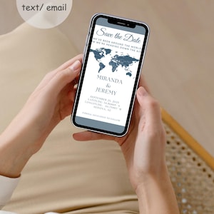 May include: A smartphone displays a wedding invitation with a world map graphic. The text reads "Save the Date" with the names "Miranda & Jeremy" and the date September 25, 2025. The invitation also includes location coordinates.