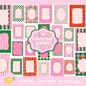 Puede incluir: Una colección de 30 marcos navideños en varias formas y patrones, incluyendo rayas, cuadros y colores sólidos. Los marcos son en tonos rosa, verde y rojo, con el texto "30 Christmas Frames PNG Clipart" y "Digital Instant Download".