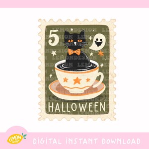 Black Cat Halloween-stempelillustratie - spookachtige digitale download (PNG)