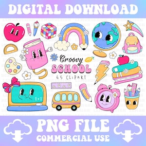 45 Retro School PNG Clipart Bundle, Groovy School Clipart Bundle, Retro Back to School Supplies Clip art Daisy books Pencil Instant Download