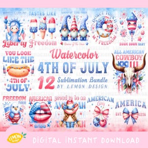 12 Files Watercolor Patriotic 4th of July Bundle, Festive American Graphics Instant Download