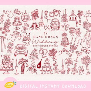 May include: A collection of 57 hand-drawn wedding-themed clipart illustrations in red. The set includes images of wedding cakes, champagne glasses, a car, a church, and other related elements. The text "Digital Instant Download" is at the bottom.