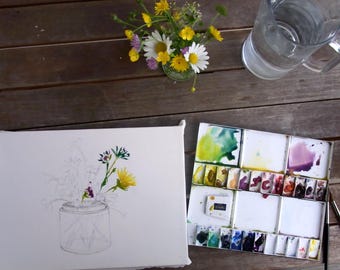 Learn to paint wild flowers and a jam jar in Watercolour