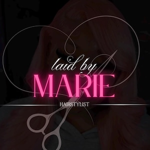 May include: A logo featuring the text "laid by MARIE" in a cursive font and bright pink capital letters. Below the name is the word "HAIRSTYLIST" in a smaller font. The logo includes a stylized image of scissors and a needle and thread.