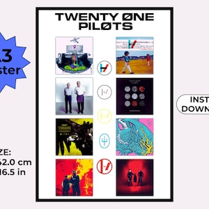 Może przedstawiać: Plakat A3 z grafiką albumów Twenty One Pilots. Plakat zawiera logo zespołu i okładki albumów, z tekstem "TWENTY ØNE PILØTS" u góry. Plakat ma wymiary 29,7 x 42,0 cm i jest dostępny do natychmiastowego pobrania.