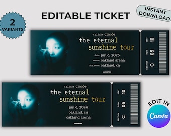 Ariana Grande-ticketsjabloon | The Eternal Sunshine Tour | Bewerkbaar Canva-concertticket