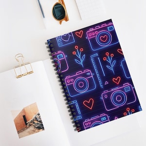 Neon Camera Notebook, Back to School Stationery, Ruled Line Journal, Student Gift, Spiral Binder, College Supplies