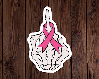Middle Finger Skeleton Hand Breast Cancer Awareness Sticker - Funny, Rude, & Empowering Pink Ribbon Decal