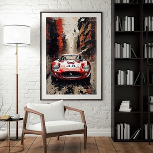 Vintage Ferrari Art Print – Classic Red Ferrari Painting in Retro Style | Vintage Car Wall Art | Iconic Sports Car Illustration