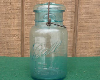 Antique BALL IDEAL Blue Glass Quart Canning Jar-1908 Patent