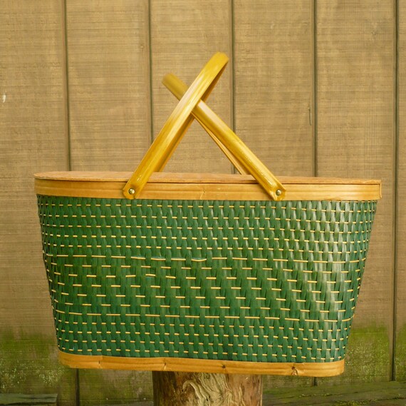 Picnic Basket-Woven Wicker Basket-Vintage Basket-G