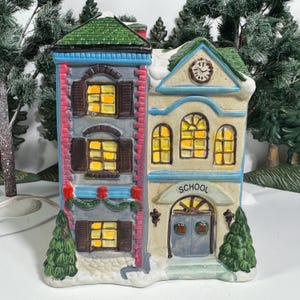 School Illuminated Christmas Village Builidng, Hand Painted Porcelain, Vintage 1990’s, Original Box, Includes Lamp and Bulb