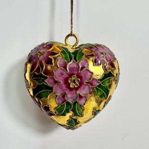 Cloisonné Gold Heart + Pink Flowers Ornament