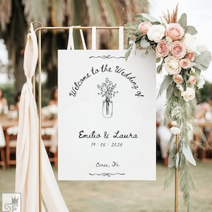 Vintage Hochzeit Willkommensschild, Handgezeichnete Hochzeit Willkommensschild Vorlage, Vintage Blumen Hochzeitsempfang Zeichen, Hochzeit Beschilderung, Canva