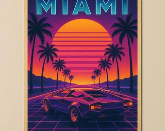 Retro Miami Wall Art - 80s Synthwave Sunset Poster - Vaporwave Car Print - Digital Download