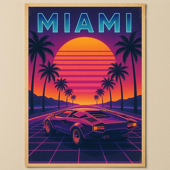 Retro Miami Wall Art - 80s Synthwave Sunset Poster - Vaporwave Car