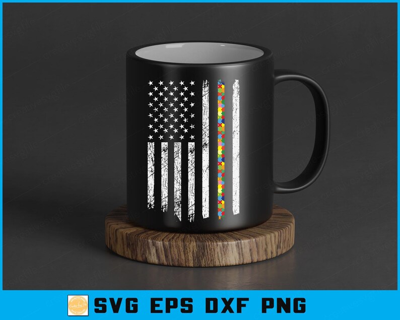 May include: Black coffee mug with a distressed American flag design and a puzzle piece stripe. The mug is on a round wooden coaster. The design features white stars and stripes, and a colourful puzzle piece stripe.