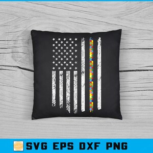 May include: Black square cushion featuring a distressed American flag design. The flag has white stars and stripes, with a vertical stripe of colourful puzzle pieces. The text "SVG EPS DXF PNG" is in the bottom right corner.