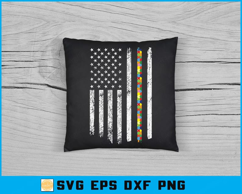 May include: Black square cushion featuring a distressed American flag design. The flag has white stars and stripes, with a vertical stripe of colourful puzzle pieces. The text "SVG EPS DXF PNG" is in the bottom right corner.