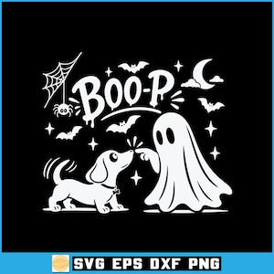 May include: A white graphic design on a black background featuring a ghost touching the nose of a dachshund dog. The text reads BOO-P. The design includes a spider on a web, several bats, stars, and a crescent moon, creating a spooky Halloween scene.