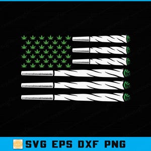以下が含まれることがあります： 黒い背景に、アメリカ国旗を模したグラフィックデザイン。星は緑色のカンナビスの葉で、縞模様は白い巻きタバコで表現されています。画像には「SVG EPS DXF PNG」の文字も含まれています。