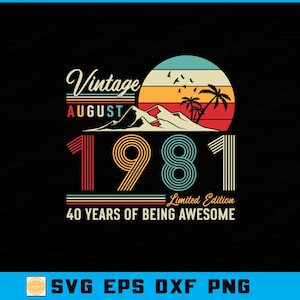 Pode incluir: Design gráfico preto com o texto "Vintage August 1981 Limited Edition 40 Years of Being Awesome". O design inclui um pôr do sol colorido, palmeiras e montanhas.