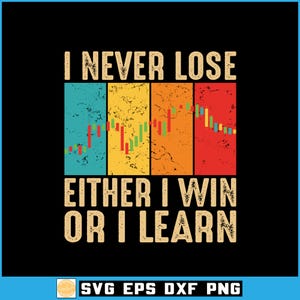 May include: A graphic design featuring the text I NEVER LOSE EITHER I WIN OR I LEARN in a distressed beige font. The center displays a colorful stock market candlestick chart over four vertical panels in teal, yellow, orange, and red.