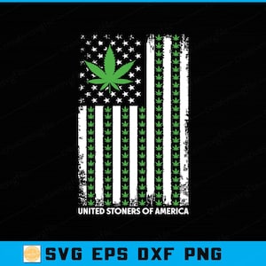 May include: A graphic design depicting a cannabis-themed American flag. The stars are replaced by a cannabis leaf, and the stripes are replaced by cannabis leaves. The text "UNITED STONERS OF AMERICA" is at the bottom, on a black background.