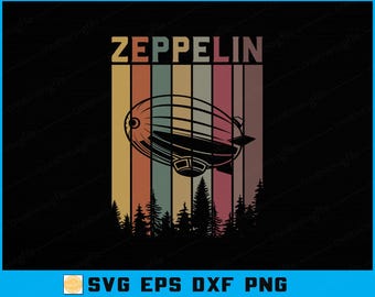 Può includere: Design grafico nero con la parola "ZEPPELIN" sopra un'illustrazione di dirigibile. Il dirigibile è ambientato su uno sfondo di strisce verticali di vari colori, con una silhouette di foresta in basso. L'immagine include anche "SVG EPS DXF PNG".