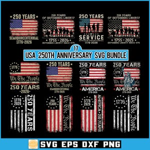 Puede incluir: Una colección de diseños patrióticos que celebran el 250 aniversario de EE. UU. Los diseños presentan la bandera estadounidense, la Estatua de la Libertad y textos como "250 años" y "We The People".
