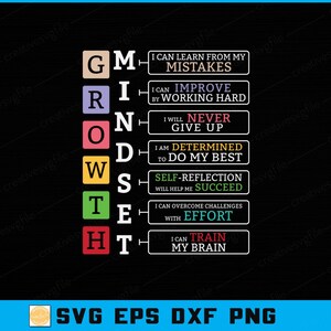 May include: A black graphic with the word GROWTH spelled vertically in colorful blocks. Each letter corresponds to a motivational statement: "I can learn from my mistakes," "I can improve by working hard," and more. The bottom reads "SVG EPS DXF PNG."