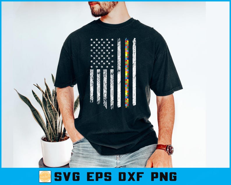 May include: Black t-shirt with a distressed American flag design. The flag's stripes include a colourful puzzle piece pattern, with white stars. The shirt is a crew neck and has short sleeves.