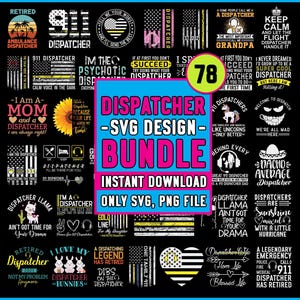 Puede incluir: Una colección de 78 diseños SVG y PNG con gráficos y texto temáticos de despachadores. Los diseños incluyen frases como "911 Dispatcher", "Retired Dispatcher" y "Dispatchers are Sunshine". El paquete está disponible para descarga instantánea.