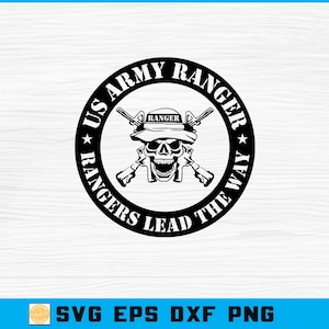 May include: Black and white graphic of a skull wearing a hat and crossed rifles, encircled by text that reads "US Army Ranger" and "Rangers Lead The Way". The design is on a white background.