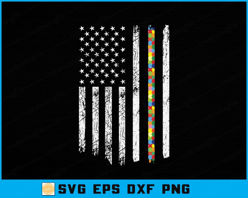 May include: A distressed American flag design with a vertical line of colourful puzzle pieces. The flag features white stars and stripes with a worn texture, set against a black background. The bottom of the image displays the text "SVG EPS DXF PNG".