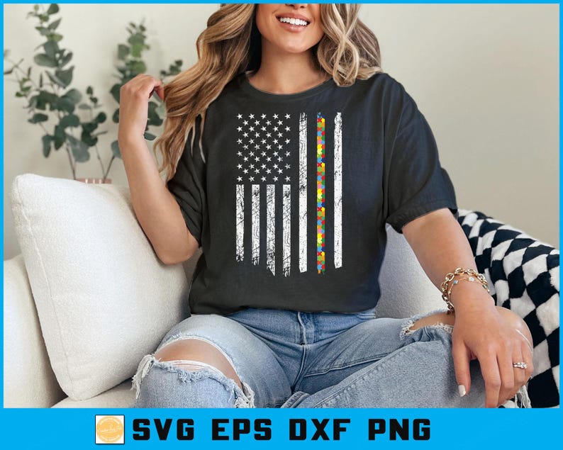 May include: Black t-shirt with a distressed American flag design and a vertical stripe of colourful puzzle pieces. The shirt has short sleeves and is worn with blue jeans. The text "SVG EPS DXF PNG" is at the bottom.
