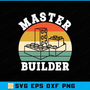 May include: A black graphic design featuring the words "MASTER BUILDER" in white, above and below a retro-style sunset. The sunset design includes orange, yellow, and teal colors. The image also shows a graphic of building blocks.