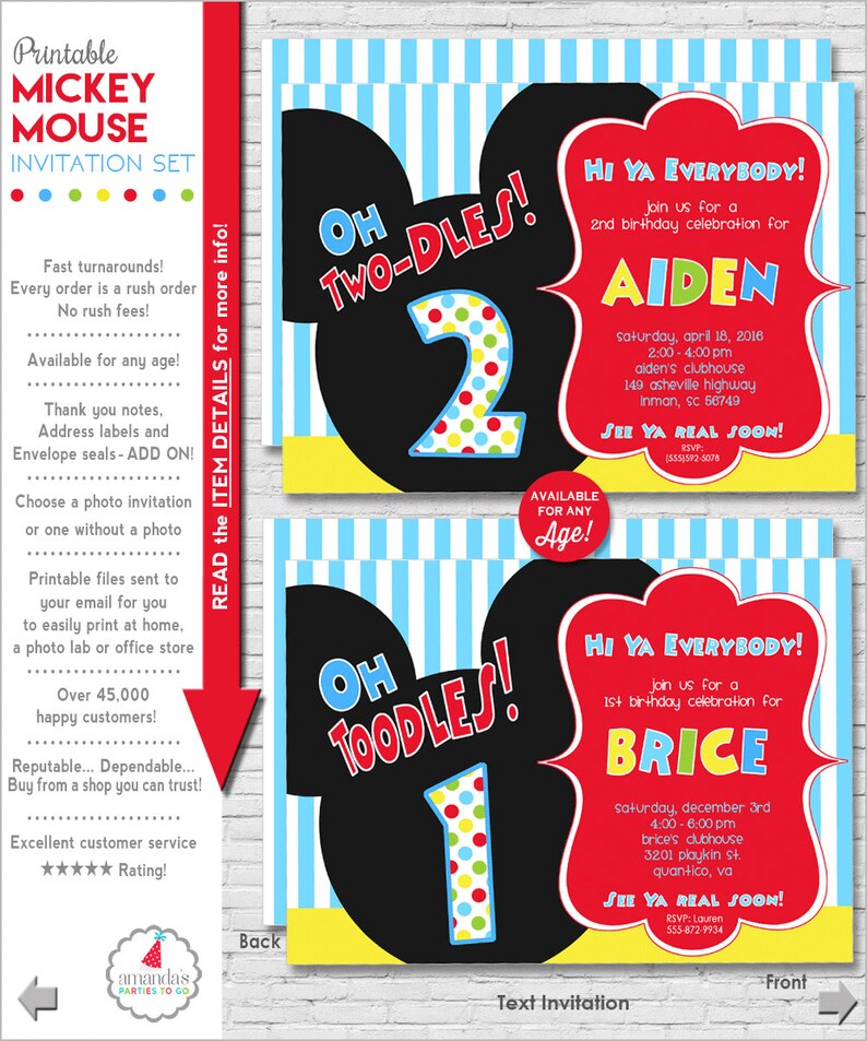 Mickey Mouse Invitation Mickey Mouse Birthday Invitation Etsy