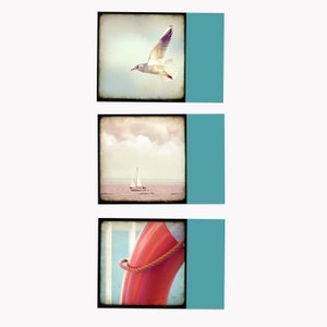 Lot de 3 cartes postales « Journée à la mer » - mouette, lac, eau, plage, bouée de sauvetage, navire, bateau, vol